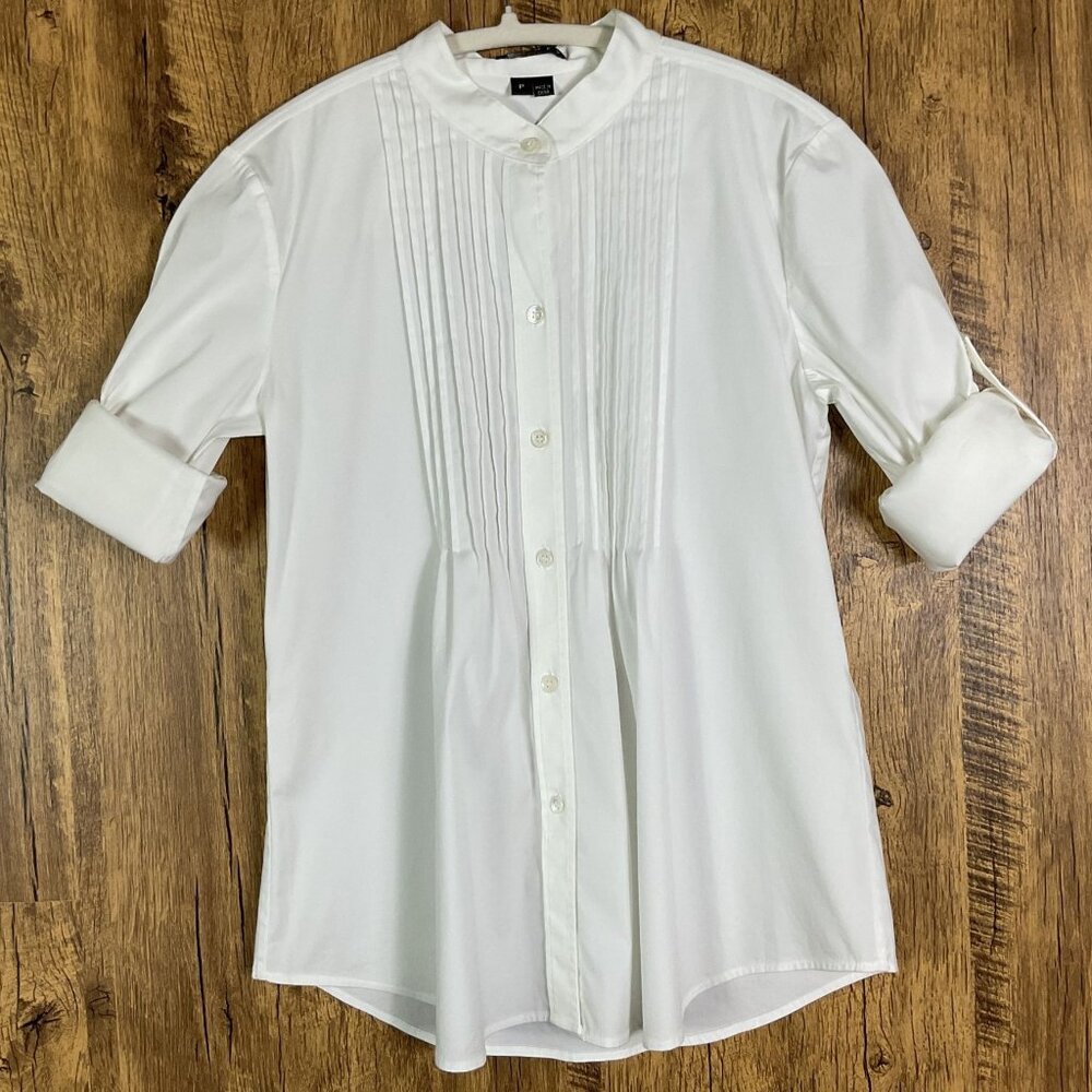 Theory White Teroni Pleated Bib Front Button Down Shirt Size P (US XS)